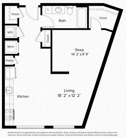 Floor plan for studio, 1 bath, 643 sqft